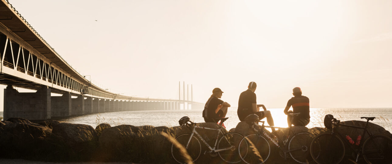 People sitting on rocks with their bikes, looking out to sea in Malmö, Sweden