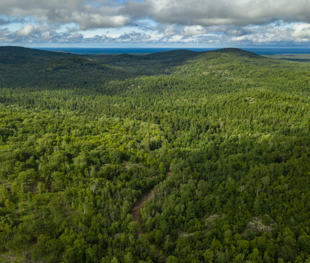 Drone view of the rugged terrain near Big Bay, Marquette, Michigan