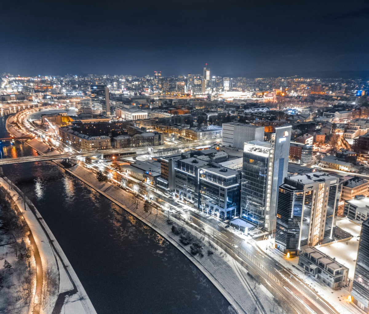 Vilnius, Lithuania at nighttime in winter