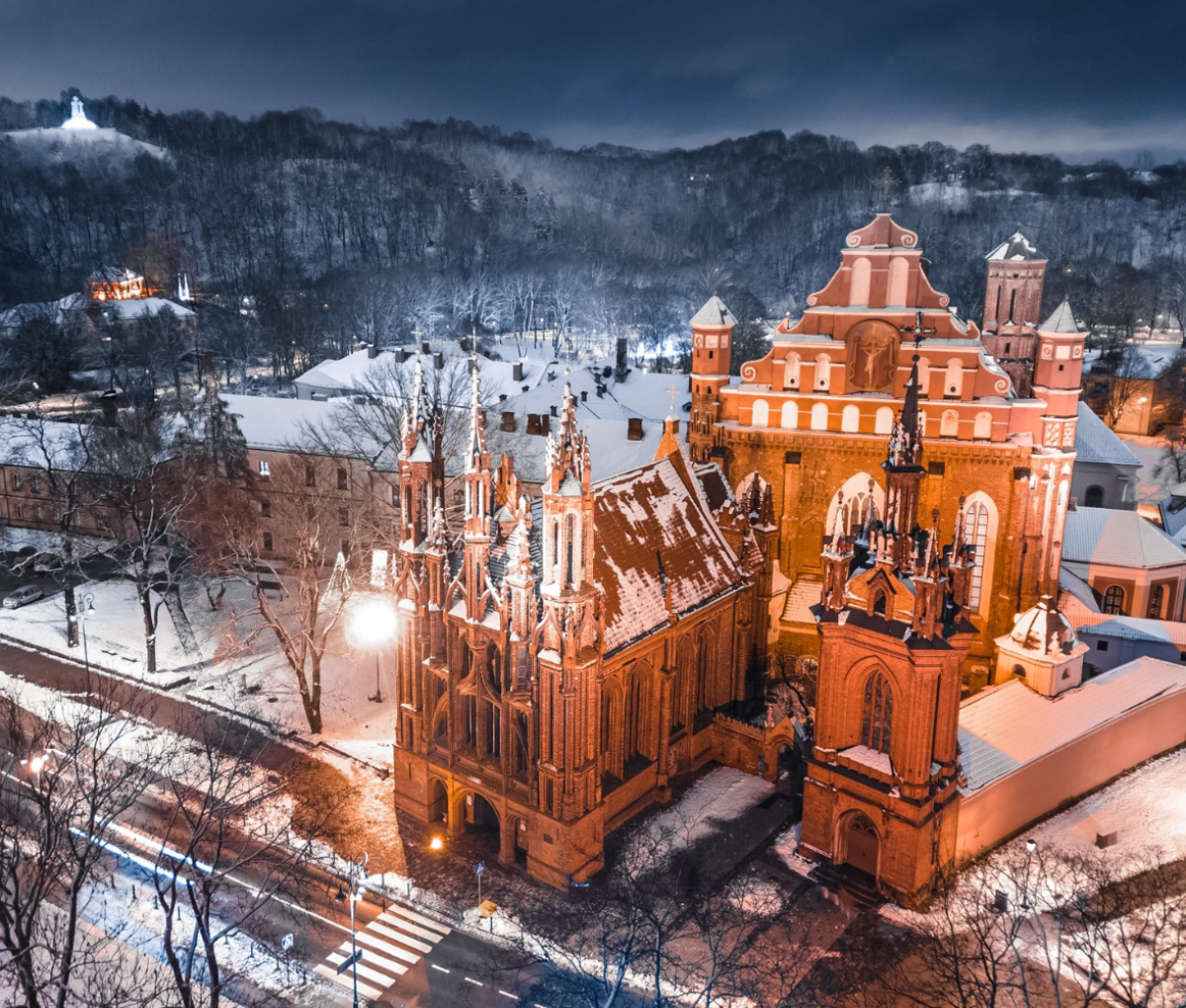 Winter nighttime drone shot in Vilnius, Lithuania